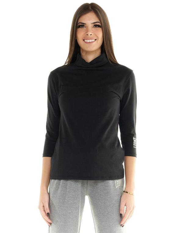 Short sleeve t-shirt, wide neckline and funnel neck with adjustable drawcord